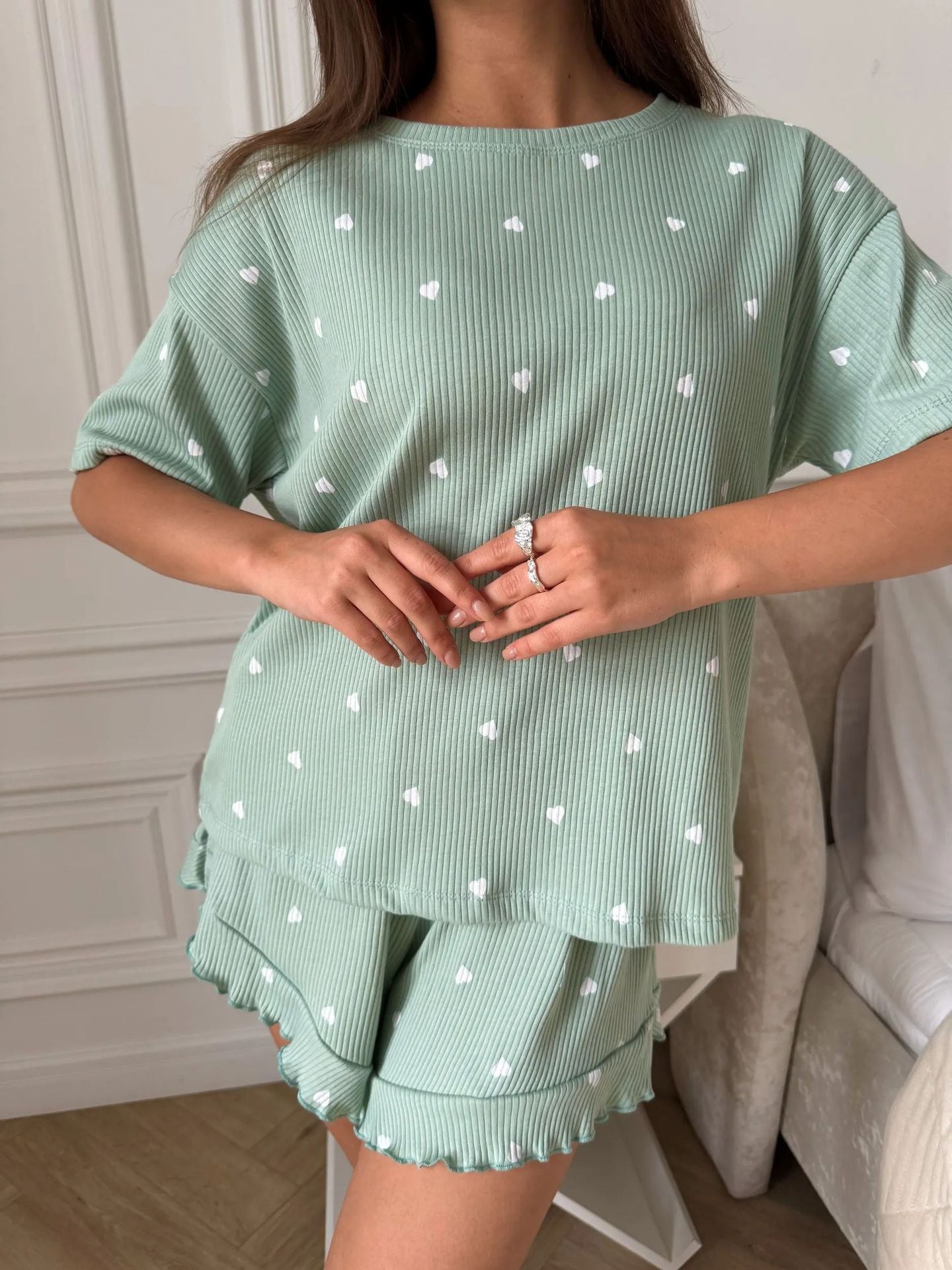 Women’s Green Heart Print Pajama Set Short Sleeve & Shorts