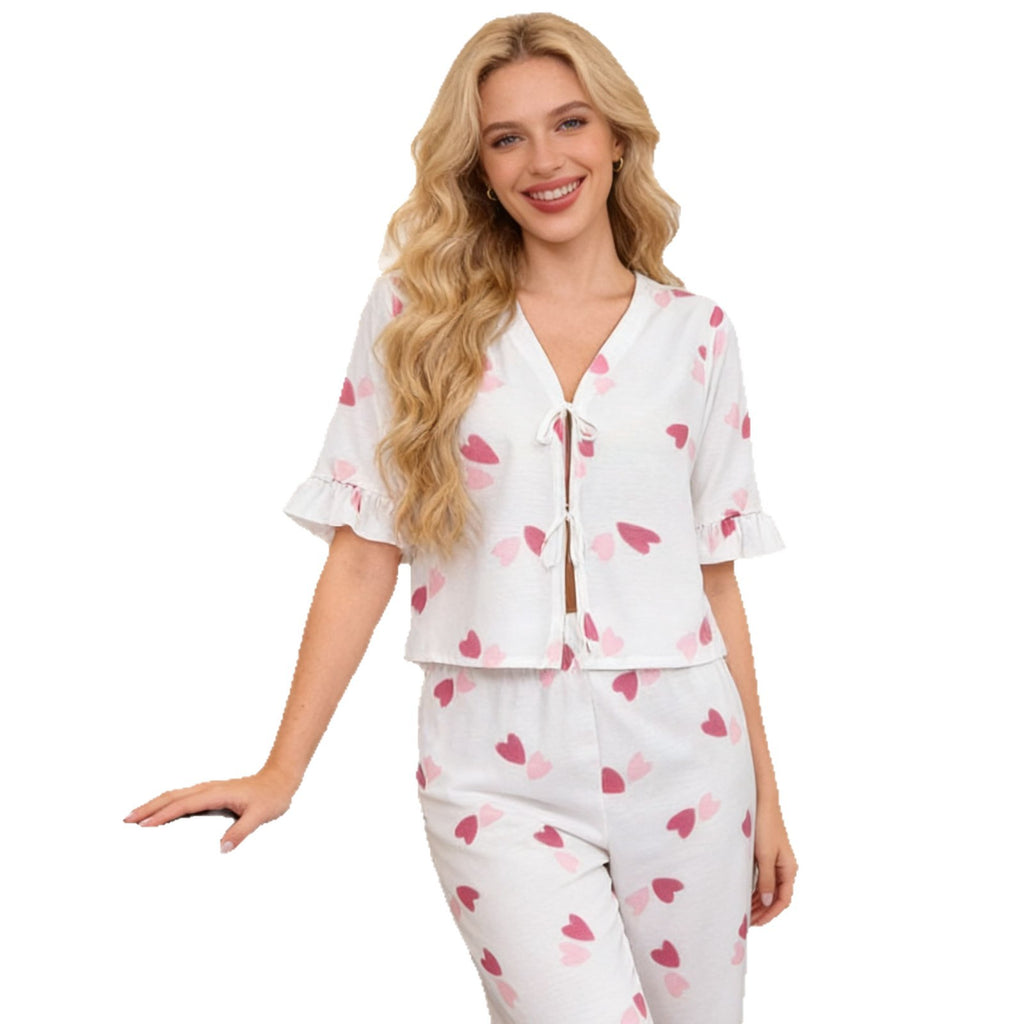 Women’s Chiffon Pajama Set Cardigan Top & Pants Heart Print