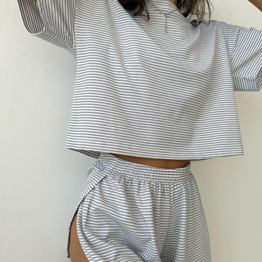 Women’s Striped Knit Pajama Set Short Sleeve Top & Shorts