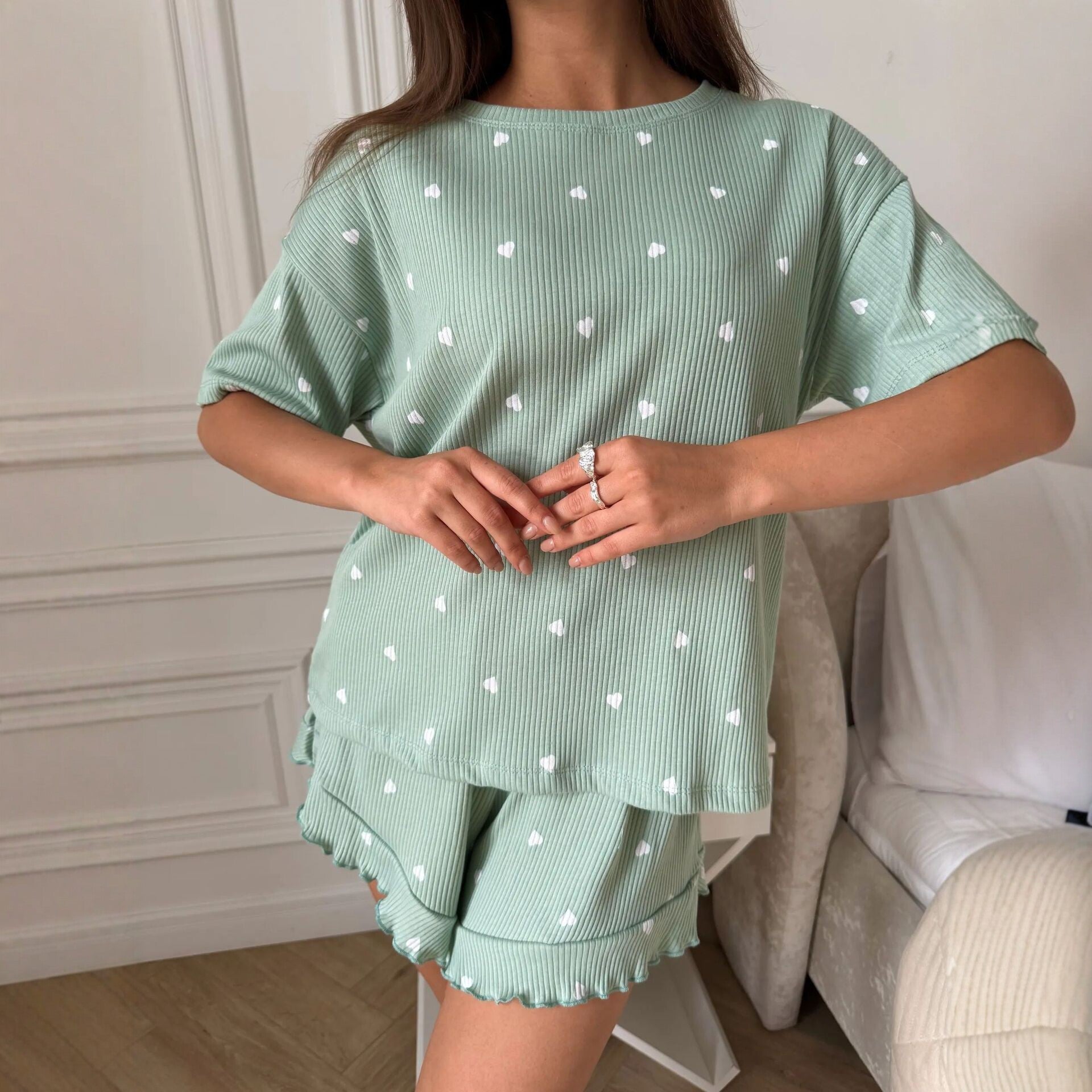 Women’s Green Heart Print Pajama Set Short Sleeve & Shorts