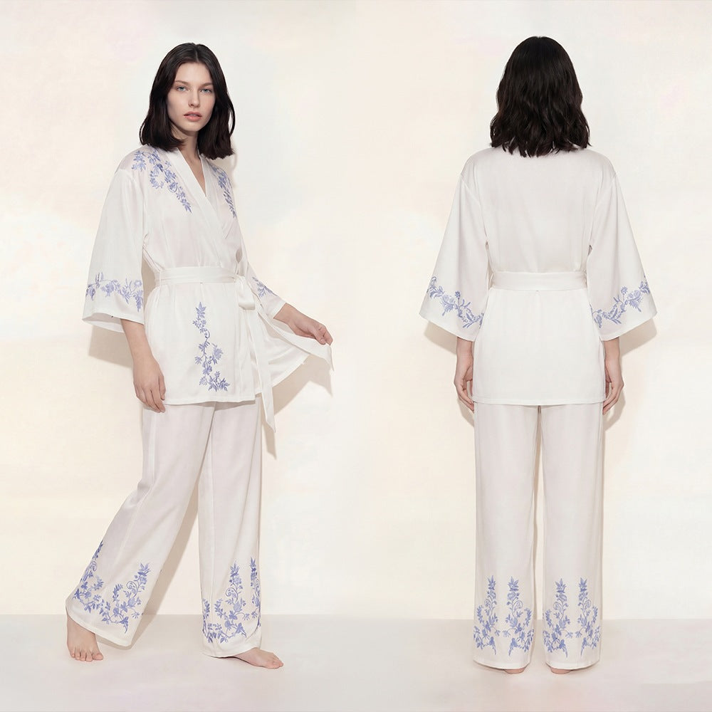 Women’s Satin Chiffon Pajama Set V-Neck Lounge Set Long Pants