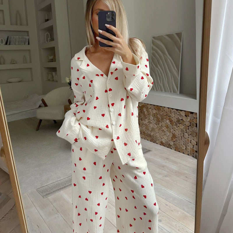 Women’s Cotton Heart Print Pajama Set Long Sleeve Lounge Set