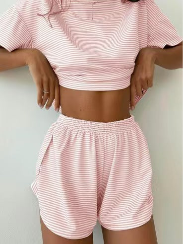 Women’s Striped Knit Pajama Set Short Sleeve Top & Shorts