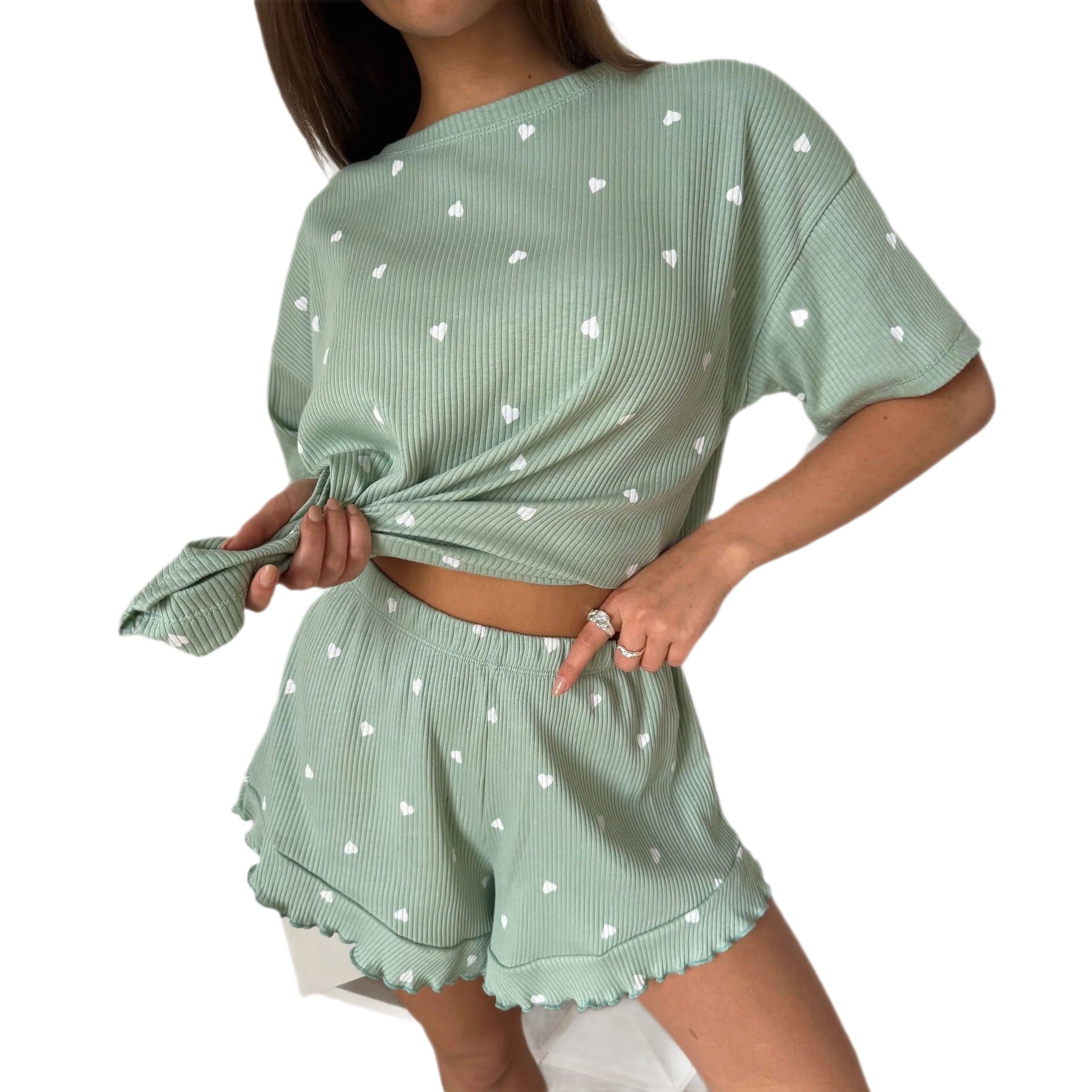 Women’s Green Heart Print Pajama Set Short Sleeve & Shorts