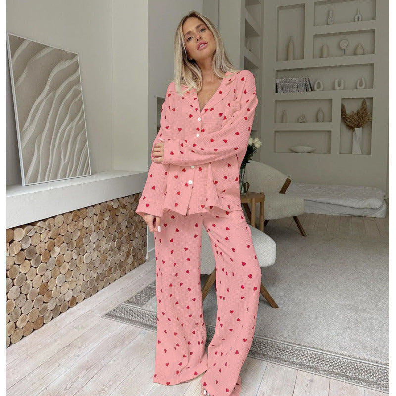 Women’s Cotton Heart Print Pajama Set Long Sleeve Lounge Set