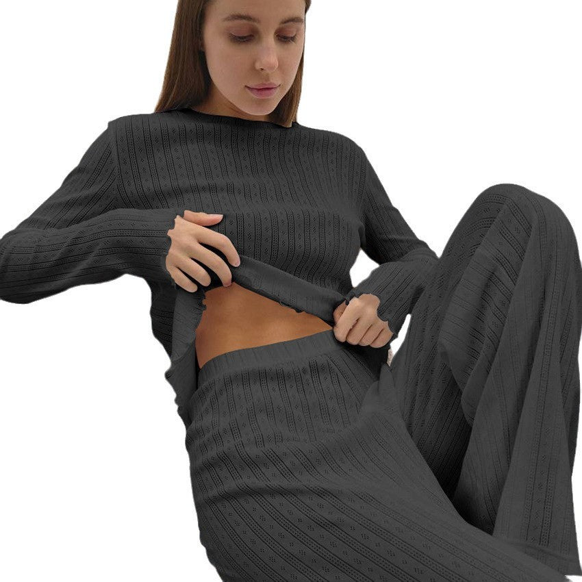 Women’s Ruffle Knit Pajama Set Long Sleeve Top & Pants