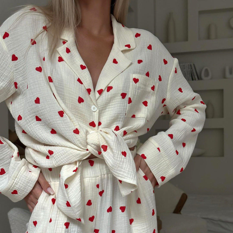 Women’s Cotton Heart Print Pajama Set Long Sleeve Lounge Set