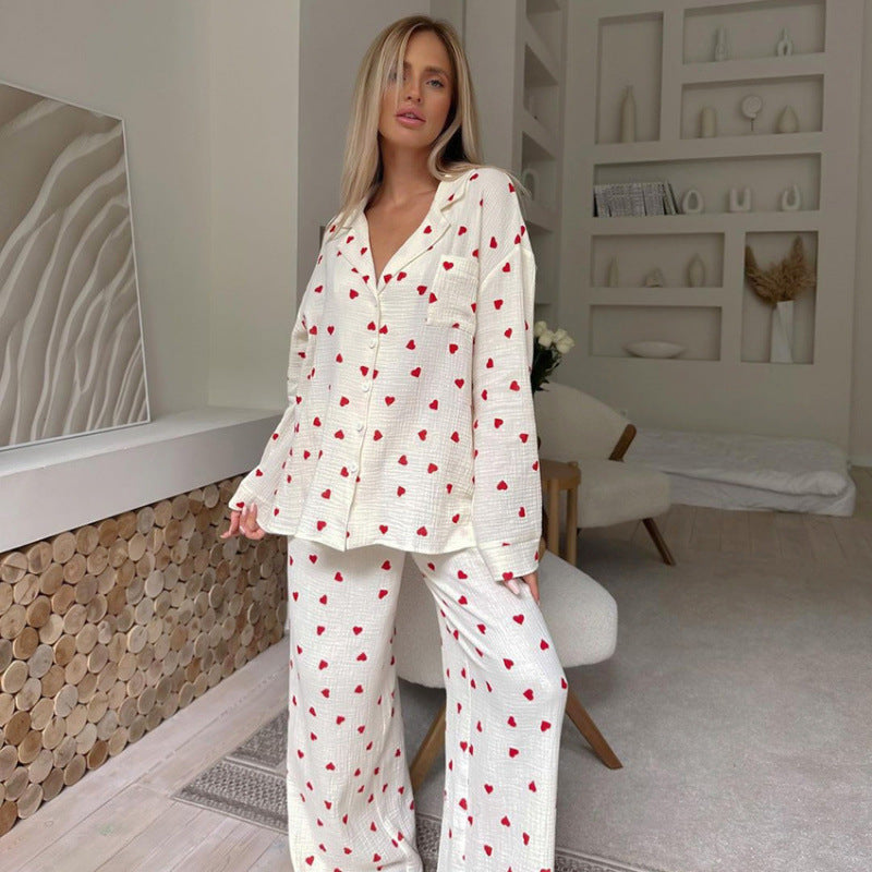 Women’s Cotton Heart Print Pajama Set Long Sleeve Lounge Set