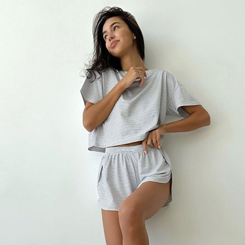Women’s Striped Knit Pajama Set Short Sleeve Top & Shorts