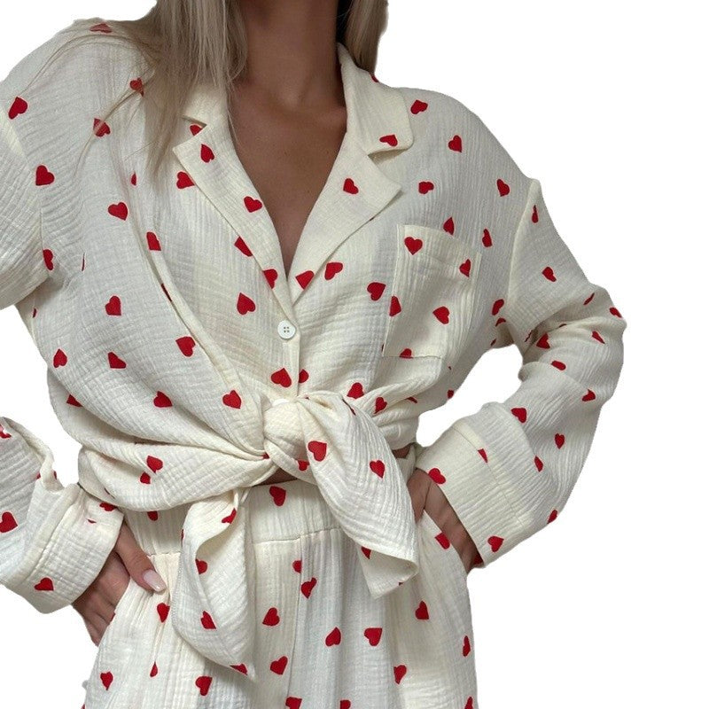Women’s Cotton Heart Print Pajama Set Long Sleeve Lounge Set