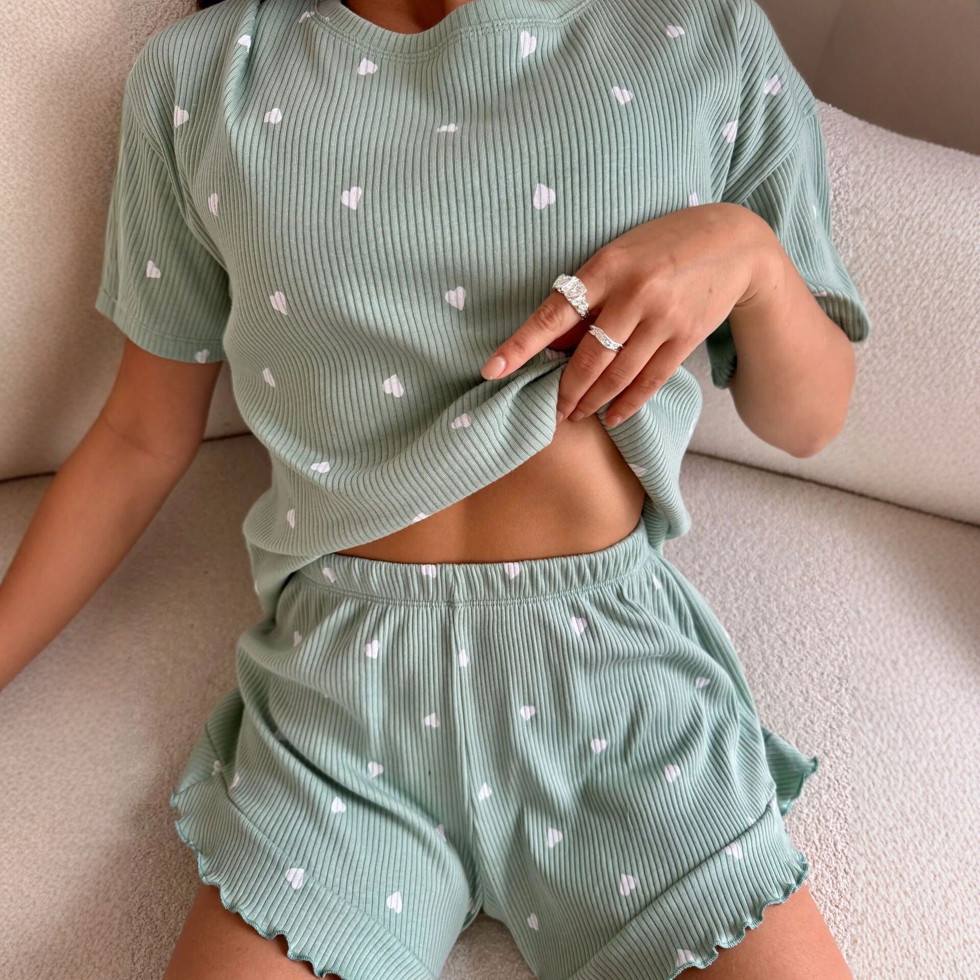 Women’s Green Heart Print Pajama Set Short Sleeve & Shorts