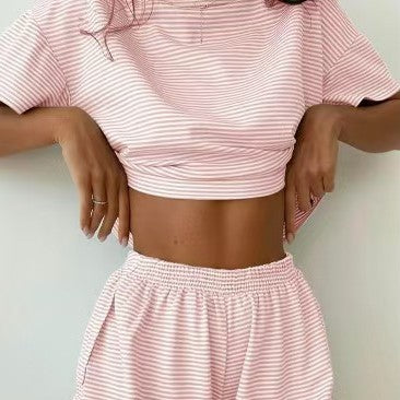 Women’s Striped Knit Pajama Set Short Sleeve Top & Shorts