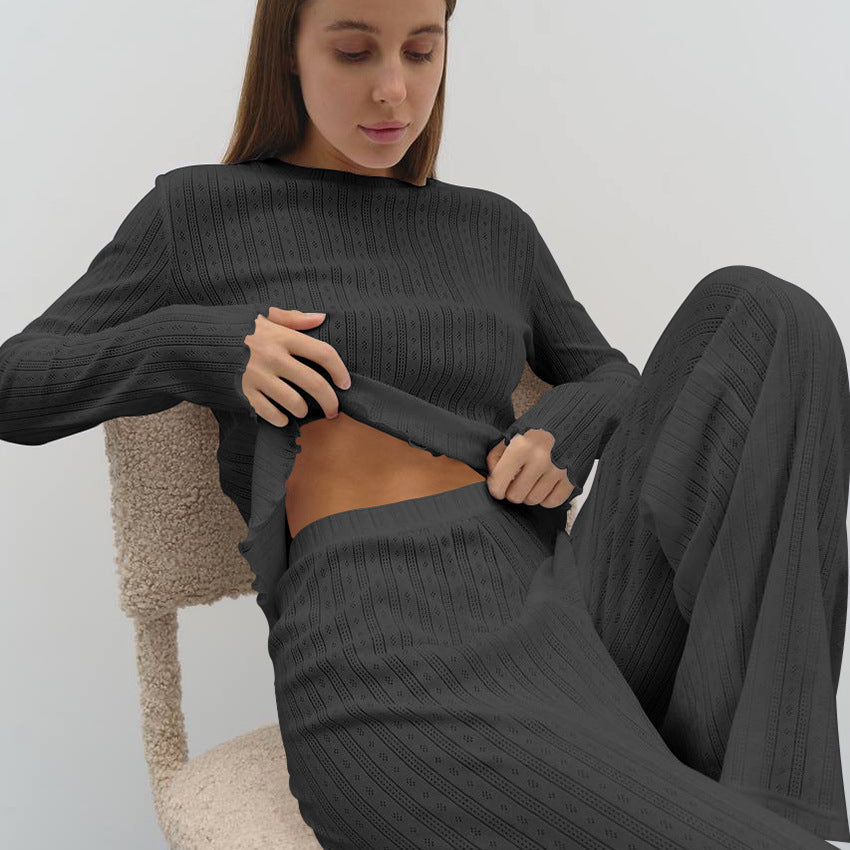 Women’s Ruffle Knit Pajama Set Long Sleeve Top & Pants