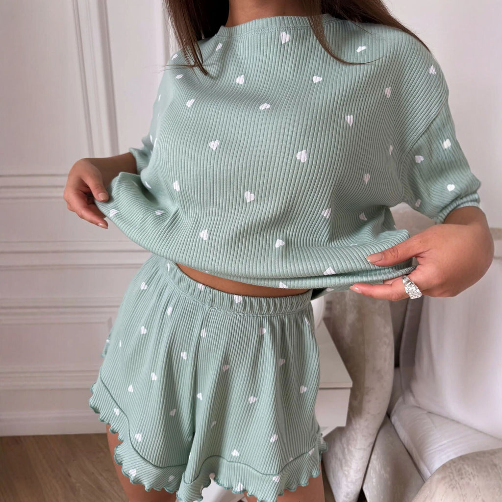 Women’s Green Heart Print Pajama Set Short Sleeve & Shorts