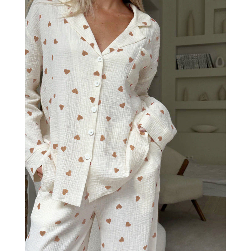 Women’s Cotton Heart Print Pajama Set Long Sleeve Lounge Set
